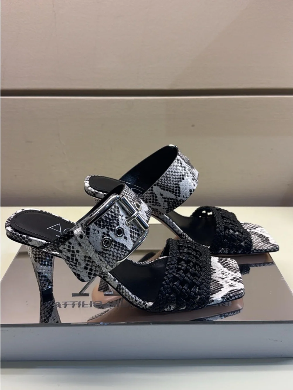 Agl snake print made in Italy Black & White Braided Strap Heeled Slides